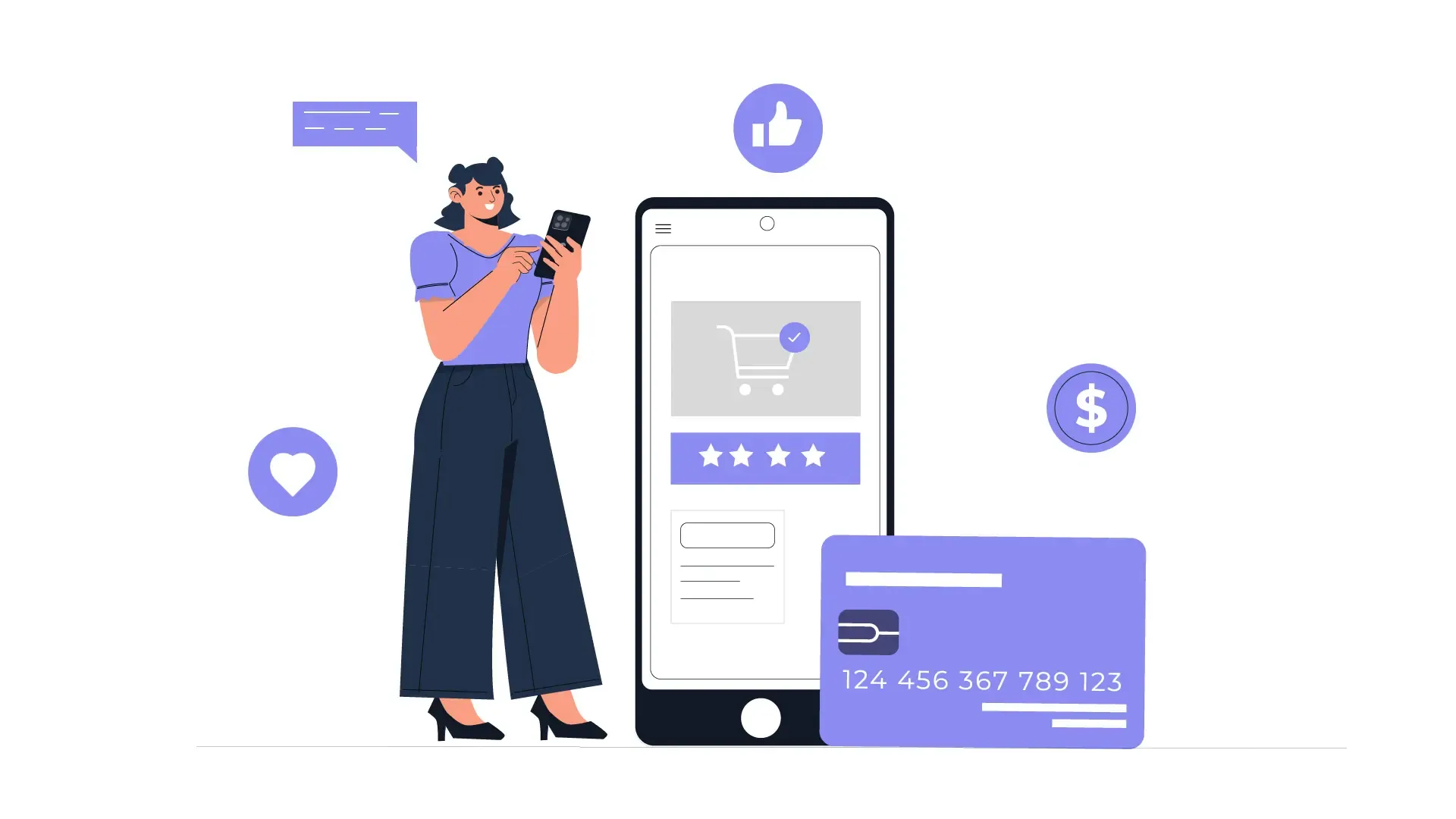 Vector Illustration Woman Inputting Credit Card Details for Shopping Bill on Mobile in Flat Style